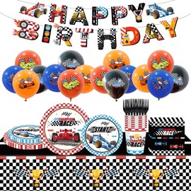 Poqirzan 98PCS Race Car Birthday Party Supplies Racing Party Tableware Set Include Checkered Flag Race Car Paper Plates and Napkins Dinnerware Set Balloons Racing Car Theme Party Decorations Serve 16