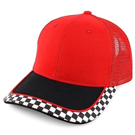 Armycrew Racing Checkered Flag Pattern Mesh Back Cap Fits XS to 2XL - Red - 54CM