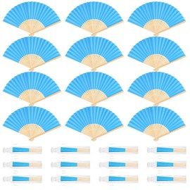 BOUBONI 12 Pieces Blue Hand Held Bamboo Folding Fans Paper Fans Handheld for Women Foldable Girls Wedding DIY Decoration Church Home Party Favors Summer