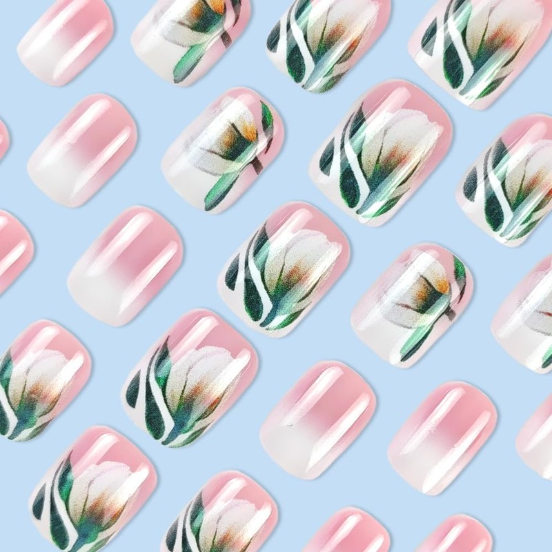 24 Pcs Pink Gradient Press on Nails Short Square WLGDLH