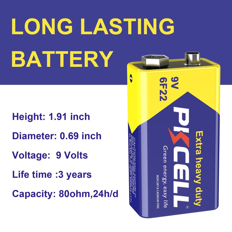 PKCELL 9V Battery Carbon Zinc for Smoke Detectors 6F22 Battery,