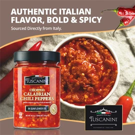 Tuscanini Premium Italian Chopped Calabrian Chili Peppers In Sunflower Oil, 10.9 oz | All Natural | Nothing Artificial | Crushed Chili from Italy | Kosher