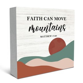 SRADMO Christian Signs for Home Decor, Faith Can Move Mountains Wood Box Sign Desk Decor, Bible Verse Decors, Christian Theme Wooden Block Box Sign Decoration for Home Office Shelf Table Decors