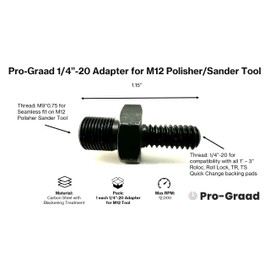 Pro-Graad 1/4"-20 Threaded Adapter for M12 Polisher/Sander, M9x0.75 Male x 1/4”-20 Male Adapter, Compatible for M12 Sander/Polisher and Roloc, Roll Lock, Type R, Type S, 1”–3” Quick Change Holders