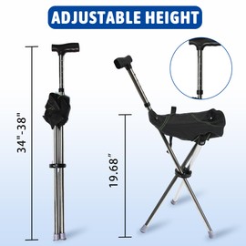 FATTCHIAR Cane with Seat, Walking Stick with Seats, Cane Chair Capacity 330lbs, Adjustable Height 34"-38" Folding Lightweight Portable Stool for Adults Seniors Camping Hiking