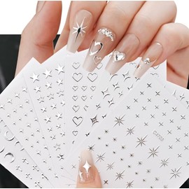 6 Blatt Nagelsticker, Nagel Sticker, Nagelaufkleber 3d Stern, Gemusterte Nail-Art-Aufkleber, Flüssige Metallic-Silber-Nagelkunstaufkleber, Anwendbare Personen Damen