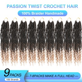 Passion Twist Crochet Hair Pre Looped, 12 Inch 9 Packs Pretwisted Passion Twist Hair,Soft Pre-twisted Ombre Crochet Hair For Women, Short Curly Crochet Braids(12",T1B/27#)