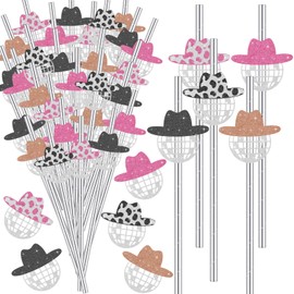 Tanlade 50 Pcs Mini Disco Ball Straws 70s Disco Straws Mirror Glitter Straws Cowgirl Hat Party Decorations for Dance Holiday Wedding Birthday Supplies (Pink, Black, Brown with Patterns)