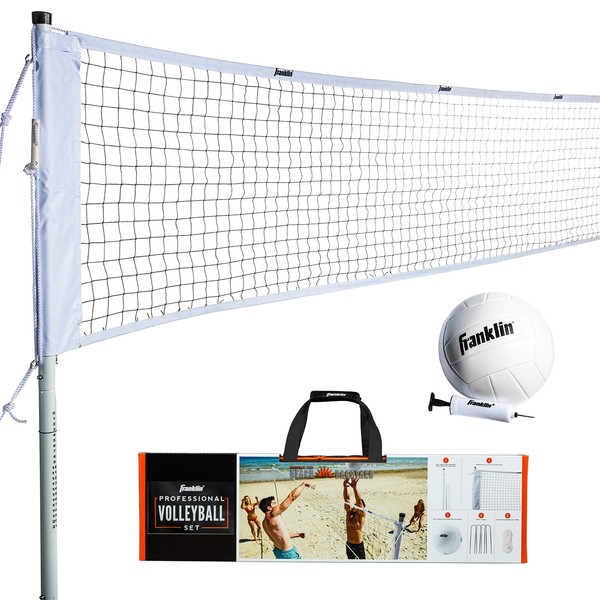 Franklin Sports Volleyball Net Professional Set - Includes Pro Style Volleyball with Pump, Adjustable Net, Stakes, Ropes - Beach or Backyard Volleyball - Easy Setup