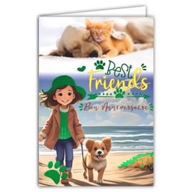 67-1295 Happy Birthday Card for Girl Dog Puppy Kitten Pets Best Friends Walk to the Sea Beach Hat Glossy Green with White Envelope Size 12 x 17.5 cm Made in France