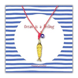 happymaker - Sommer Kette Frauen, rotes Band mit beweglichen Fisch Anh√§nger und b√∂ses Auge, Lange Stoffkette mit Anh√§nger, handmade in Deutschland