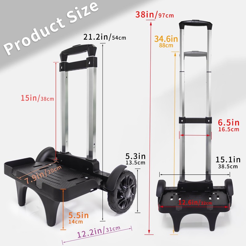 Folding Backpack Trolley with Large Solid Tank Wheels, Aluminum Alloy