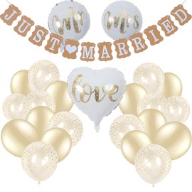 Just Married Wedding Decoration Bride and Groom Wedding Helium Balloons and Banner Decoration, Wedding Decoration in White and Gold for the Perfect Wedding Party Pack of 24