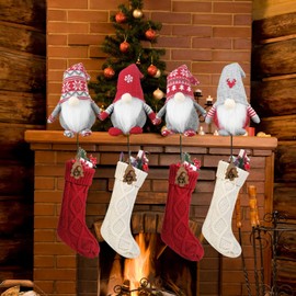 Christmas Stocking Holder, 12 Inches Gnome Stocking Holders for Mantle Set 4, Stocking Hangers for Fireplace Mantel in Unique Gift Box Christmas Decorations Indoor Cute Room Decor Metal Stocking Hooks