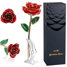 Gold Rose 24K Plated Gold Dipped Rose, Forever Preserved Red Rose Flowers with Stand,Romantic Valentine's Day and Anniversary, Best, Wife,Girlfriend, Mothers Day,Birthday