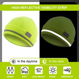 ProtectX High Visibility Safety Beanie for Men and Women, 360-Degree Reflective Comfortable Knit Beanie Headcover Hat, Warming Cap for Running, Sports, Skating, Work, Constructions, Green - 2 Pack