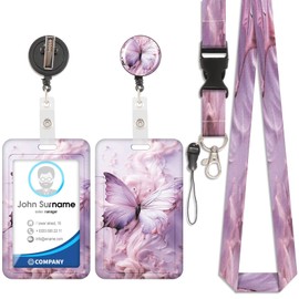 Purple Butterfly Card Holder ID ID Badge Removable Lanyard with Retractable Clip for Key Chains, Business Cards, Door Cards, ID Cards