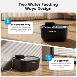 Gardner Pet Wireless Cat Water Fountain Stainless Steel Tray, 3.78L Cat Fountain Battery Operated, Cordless Pet Water Fountain for Cats & Dogs with Motion Sensor, Temperature Display - 1 Gallon