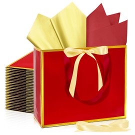 MUNILAIL 12 Pcs Red and Gold Gift Bag with Handles, 13 Inches Large Gift Bag with Tissue Paper Bow Ribbon for Christmas Wedding Baby Shower Birthday Red Paper Gift Bag