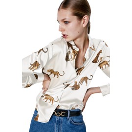 marpessa Women's Blouse Satin Silk Shirts, Casual Loose Long Sleeve for Office Work, Corporate Outfit Clothes (US, Alpha, X-Large, Regular, Regular, Off White Leopard Printed)