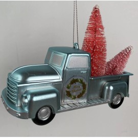 Christmas Ornament Blue Truck Hauling Trees Plastic Merry Christmas Wreath Logo