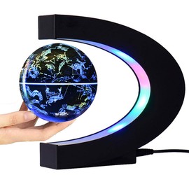 FUGEST Magnetic Floating Globe Levitation Floating Globe 2 in 1 Blue 4in Constellations Globe World Map C Shape Base Led Light Lamp Rotating