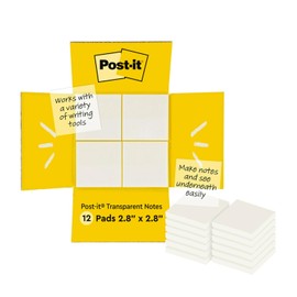 Post-it - Notas adhesivas transparentes, 3 x 3 pulgadas, 12 almohadillas para orejas por paquete, 36 hojas/almohadilla, se pega de forma segura y se quita limpiamente