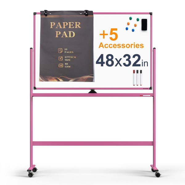 Large Dry-Erase Rolling Magnetic Whiteboard - 48 x 32 Inches
