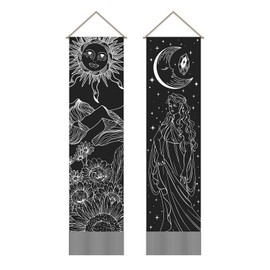 AHANDMAKER 2 Pcs Tarot Theme Pattern Tapestry, Sun and Moon Goddess Long Vertical Tapestry Wall Hanging, Card Art Psychedelic Mystic Gothic for Bedroom(51x13 Inch) (AJEW-WH0399-012-US20)