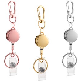 3 Pcs Metal Retractable Badge Holders ID Retractable Badge with Reel Clip Carabiner Key Chain Decorating Lanyards Name Card for Nurse Teacher Student(Silver, Gold, Rose Gold)