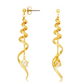 Artie Aura Spiral Dangle Earrings - 16K Gold Plated Long Twirl Drop Design for Women - Hypoallergenic Lightweight Statement Earring (Gold & Cubic - Push Back)