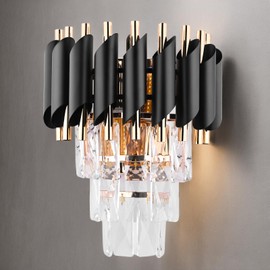 Gamneylife Modern Crystal Wall Sconce Lighting Wall Lamp Bedroom Chandelier Black Gold Crystal Wall Light for Bathroom Bedside Dinning Living Room Hallway 3 Lighting Colors(12.5inch)