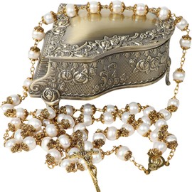 Jirehjill Rosary Beads Catholic for Woman 8-9mm AAA+ Freshwater White Natural Real Pearl Rosary Beads.