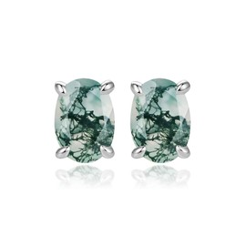 Wildari Natural Moss Agate Stud Earrings 925 Sterling Silver Stud Green Oval Cut Moss Agate Earrings Anniversary Wedding Party Jewelry Gifts for Women Mom Her