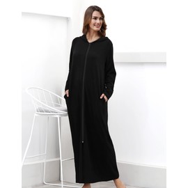 COLORFULLEAF Women's Zip Up Robes Long Sleeve Hooded Fleece Bathrobe Soft Warm Housecoat Loungewear with Pockets(Black,L)