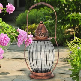 Exhart Outdoor Garden Solar Lights, Antique Tabletop Glass and Metal Garden Lantern, 15 Firefly LED Lights, 6.5 x 14 Inch, Clear
