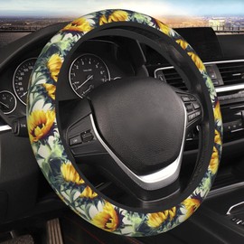 Sunflower Steering Wheel Cover for Women Girls Cute Retro Floral Car Steering Wheel Cover Anti-Slip Sweat Absorption Auto Steering Wheel Protector Car Accessories Universal Fit 15 Inch
