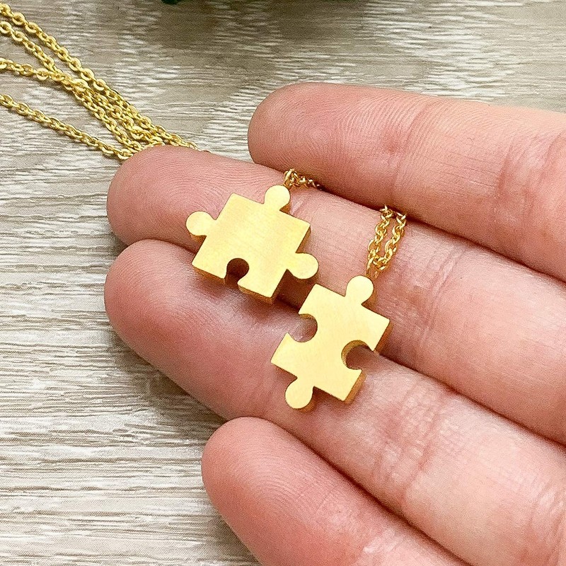 Gold Interlocking Jigsaw Puzzle Piece Necklace Set for 2