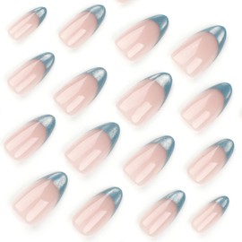 Almond False Nails - 24pcs Short Oval Press on Nails - 12 Sizes Blue Cat's eye Fake Nails with Glue - Reusable Ballerina Acrylic Full Cover Stick on for Women Girls Nail Art Accessories