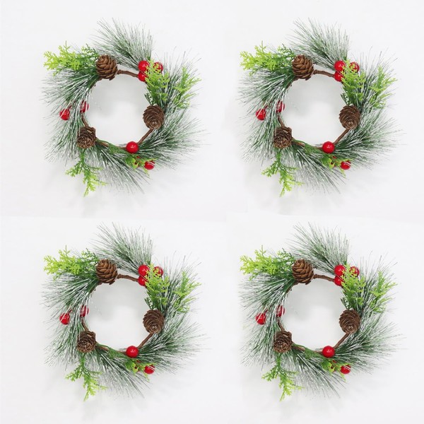 4pcs Christmas Candle Rings Wreaths with Red Berry Pinecones Artificial