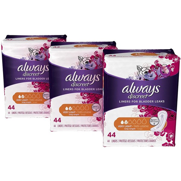 Always Discreet Incontinence and Postpartum Liners, Very Light Absorbency, Long Length, 132 Count, Packaging may vary