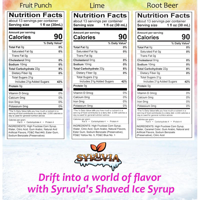 Syruvia Snow Cone Syrup 12.7oz - Fruit Punch, Lime, Root