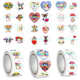 600PCS 1 Inch Holographic Heart Stickers Roll Colorful Crystal Love Labels for Valentine's Day Gift Wrap Cards Envelope Sealing with 20+ Cute Dog Animal Designs for Kids Teachers Rewards Crafts