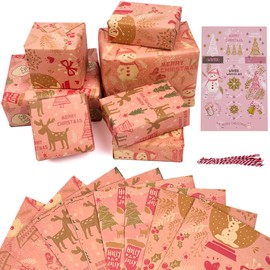 8 Bögen 50 x 70 cm Weihnachtsgeschenkpapier, mit Anhängern und Seilen, recycelbares rosa Geschenkpapier, perfekt für Weihnachts-, Festival- und Party-Geschenkdekorationen