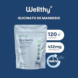 Wellthy Glicinato de Magnesio 120 Cápsulas. 432mg, 100% Natural, Alta Absorción, Cápsulas Veganas, Bottle Free.