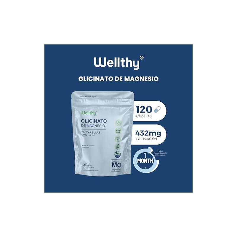 Wellthy Glicinato de Magnesio 120 Cápsulas. 432mg, 100% Natural, Alta