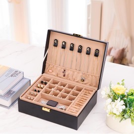 Gifturbo Jewelry Boxes for Women, 2-Layer Jewelry Organizer Box with Removable Tray, PU Leather Jewelry Storage Girls, Modern Style for Rings Earrings Necklace Bracelets, Gift Idea, Black