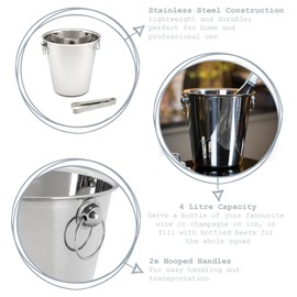Rink Drink Stainless Steel Ice Bucket & Tongs Set - Champagne/Wine/Ice Chiller Bucket - 4 Litre - Silver