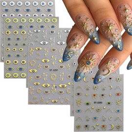 6 Sheets Gold Star Sun Nails Stickers Decals Eye Design Nails Art Stickers Self-Adhesive Snake Moon Nail Art Decals for Women DIY Nail Decorations