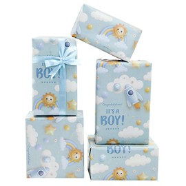 It's a Boy Gift Wrap, Newborn baby boy Light Blue Gift Wrapping Paper,4 Sheets Folded Flat 20x28 inches per sheet With Ribbon for Baby Shower Birthday Celebration Gift Wrap